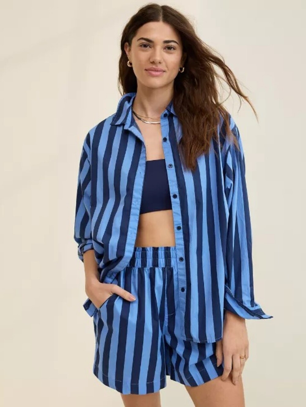 Aerie Good Day Set - Striped Blue Lounge Shirt & Shorts Set - Navy/Light Blue